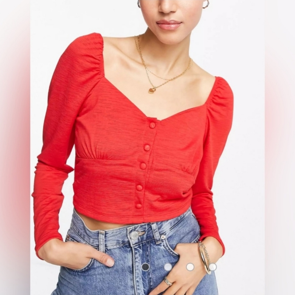 NWT Miss Selfridge Red Button Long Sleeve Crop Top Blouse